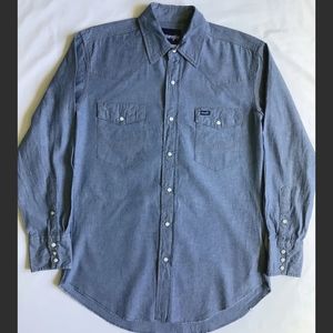 Wrangler Pearl Snap Shirt Men's Medium Denim Chambray Button-Up Lightweight